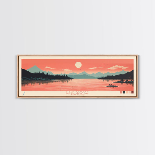 Lake George New York Framed Canvas Print, Panoramic Art, Midcentury Modern, Pop Art, Living Room Wall Art, Travel Poster, Lake House Decor
