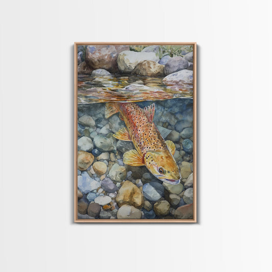Brown Trout Swimming Framed Canvas Print Fly Fishing Art Rustic Cottagecore Wall Art Cabin Decor Gift Idea Original Art