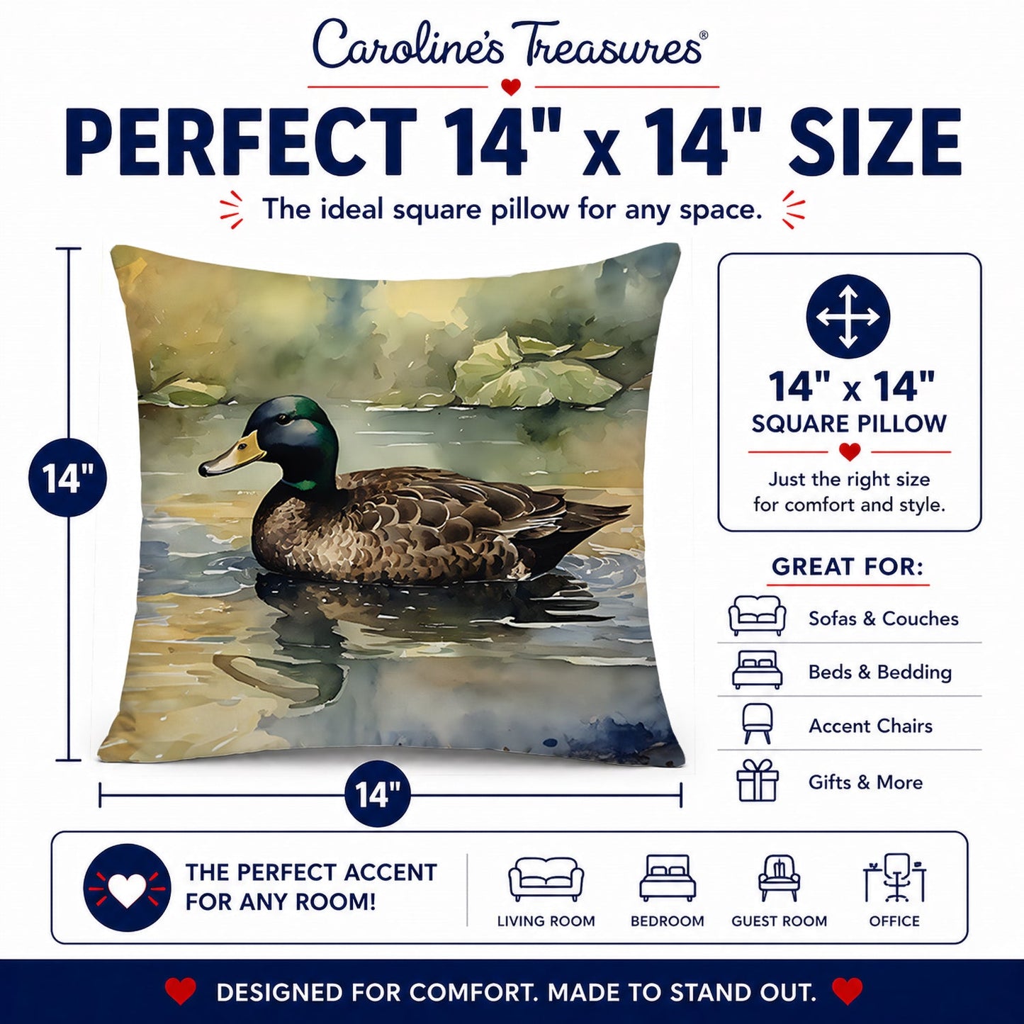 Mallard Duck Swimming Lake Decorative Throw Pillow 14x14 Indoor Outdoor Accent Cushion, Fabric Cover with Insert for Sofa, Bed, Porch & Living Room