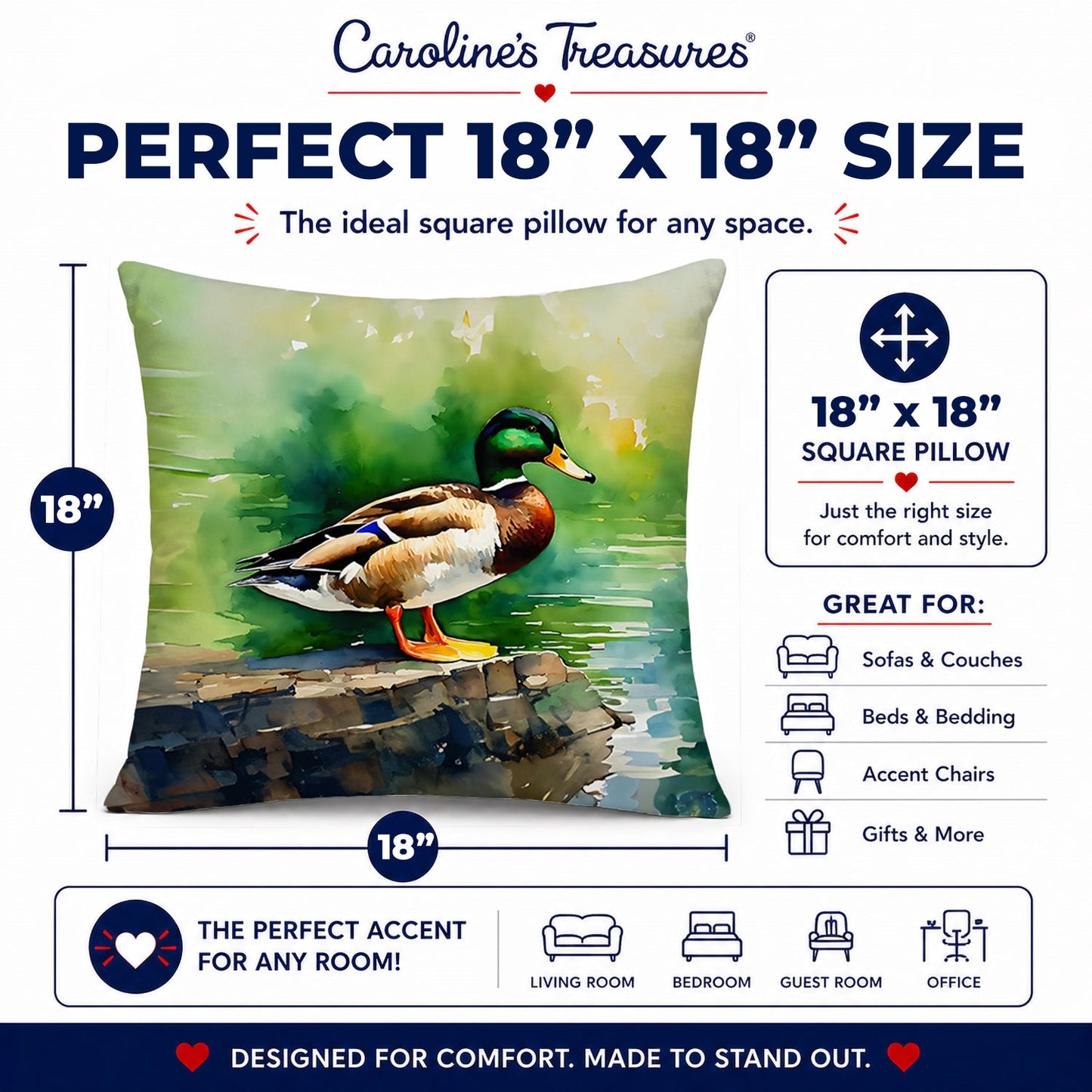 Mallard Duck Standing Pond Edge Decorative Throw Pillow 18x18 Indoor Outdoor Accent Cushion, Fabric Cover with Insert for Sofa, Bed, Porch & Living Room