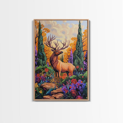 Elk Forest, Autumn, Majestic Wildlife Wall Art, Woodland Cabin Decor, Fall Season Rustic Accent, Framed Canvas Print