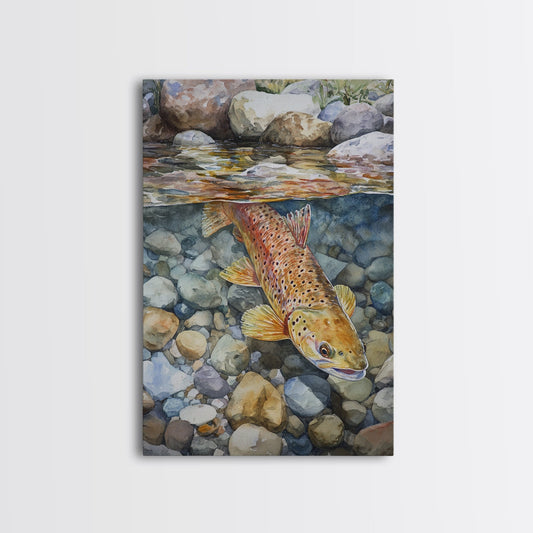 Brown Trout Swimming Framed Canvas Print Fly Fishing Art Rustic Cottagecore Wall Art Cabin Decor Gift Idea Original Art