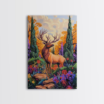 Elk Forest, Autumn, Majestic Wildlife Wall Art, Woodland Cabin Decor, Fall Season Rustic Accent, Framed Canvas Print