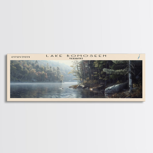 Lake Bomoseen Vermont Framed Canvas Print, Lake House Art, Panoramic Wall Art, Travel Poster, Serene Lake Painting, Home Decor