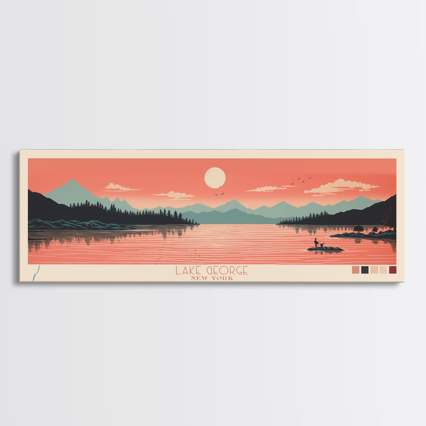 Lake George New York Framed Canvas Print, Panoramic Art, Midcentury Modern, Pop Art, Living Room Wall Art, Travel Poster, Lake House Decor