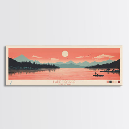 Lake George New York Framed Canvas Print, Panoramic Art, Midcentury Modern, Pop Art, Living Room Wall Art, Travel Poster, Lake House Decor