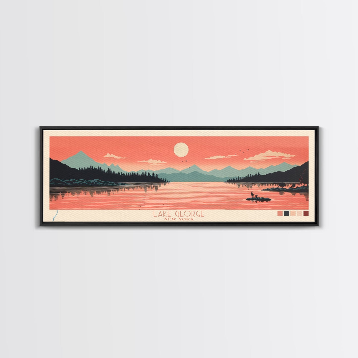 Lake George New York Framed Canvas Print, Panoramic Art, Midcentury Modern, Pop Art, Living Room Wall Art, Travel Poster, Lake House Decor