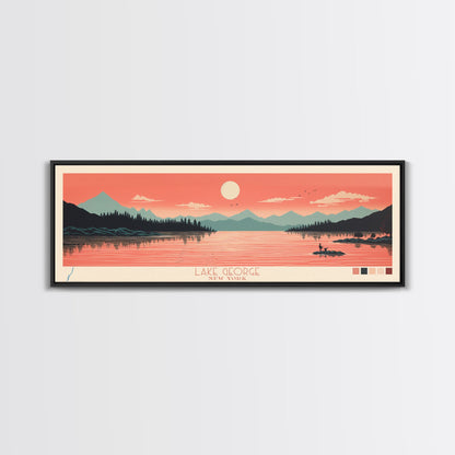 Lake George New York Framed Canvas Print, Panoramic Art, Midcentury Modern, Pop Art, Living Room Wall Art, Travel Poster, Lake House Decor