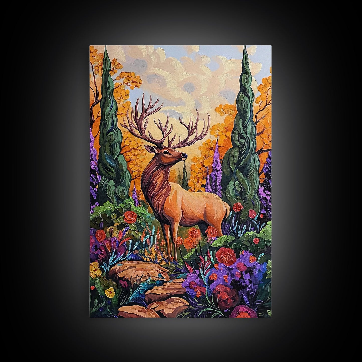Elk Forest, Autumn, Majestic Wildlife Wall Art, Woodland Cabin Decor, Fall Season Rustic Accent, Framed Canvas Print