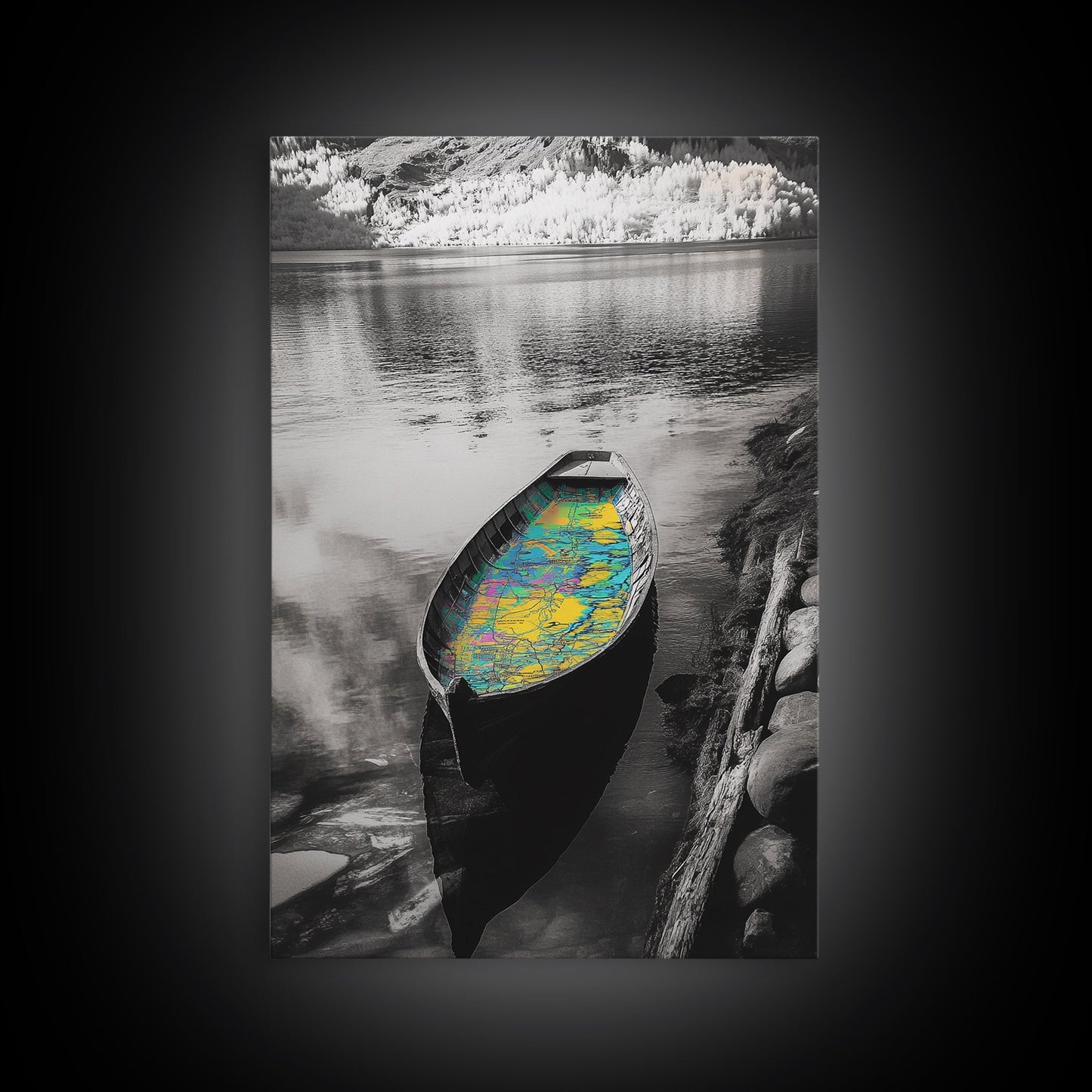 Rowboat Map Interior, Lake Reflections, Artistic Travel Theme, Canvas Print, Cabin Wall Art, Unique Lake House Decor, Explorer Style