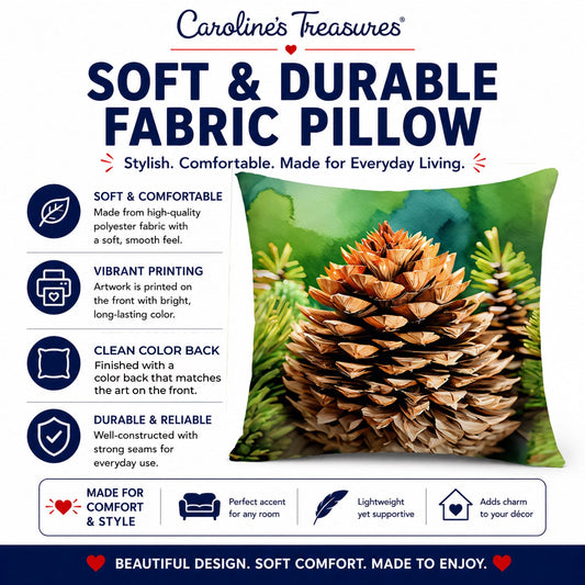 Maine White Pine Cone and Tassels in Watercolor Decorative Throw Pillow 14x14 Indoor Outdoor Accent Cushion, Fabric Cover with Insert for Sofa, Bed, Porch & Living Room