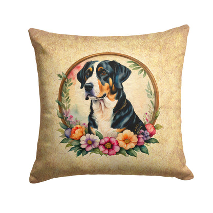 Greater Swiss Mountain Dog and Flowers Fabric Decorative Pillow