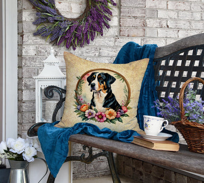 Greater Swiss Mountain Dog and Flowers Fabric Decorative Pillow