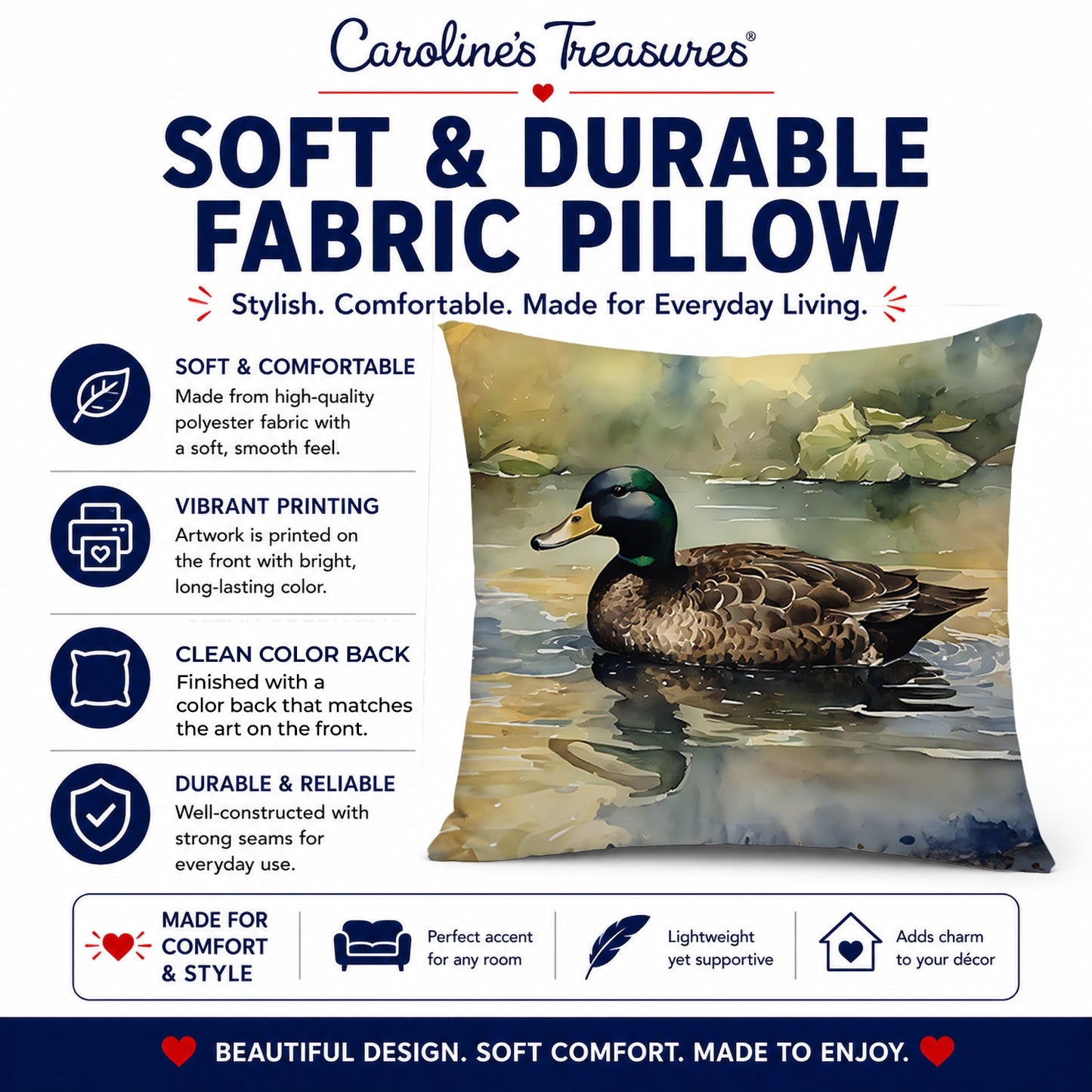 Mallard Duck Swimming Lake Decorative Throw Pillow 18x18 Indoor Outdoor Accent Cushion, Fabric Cover with Insert for Sofa, Bed, Porch & Living Room