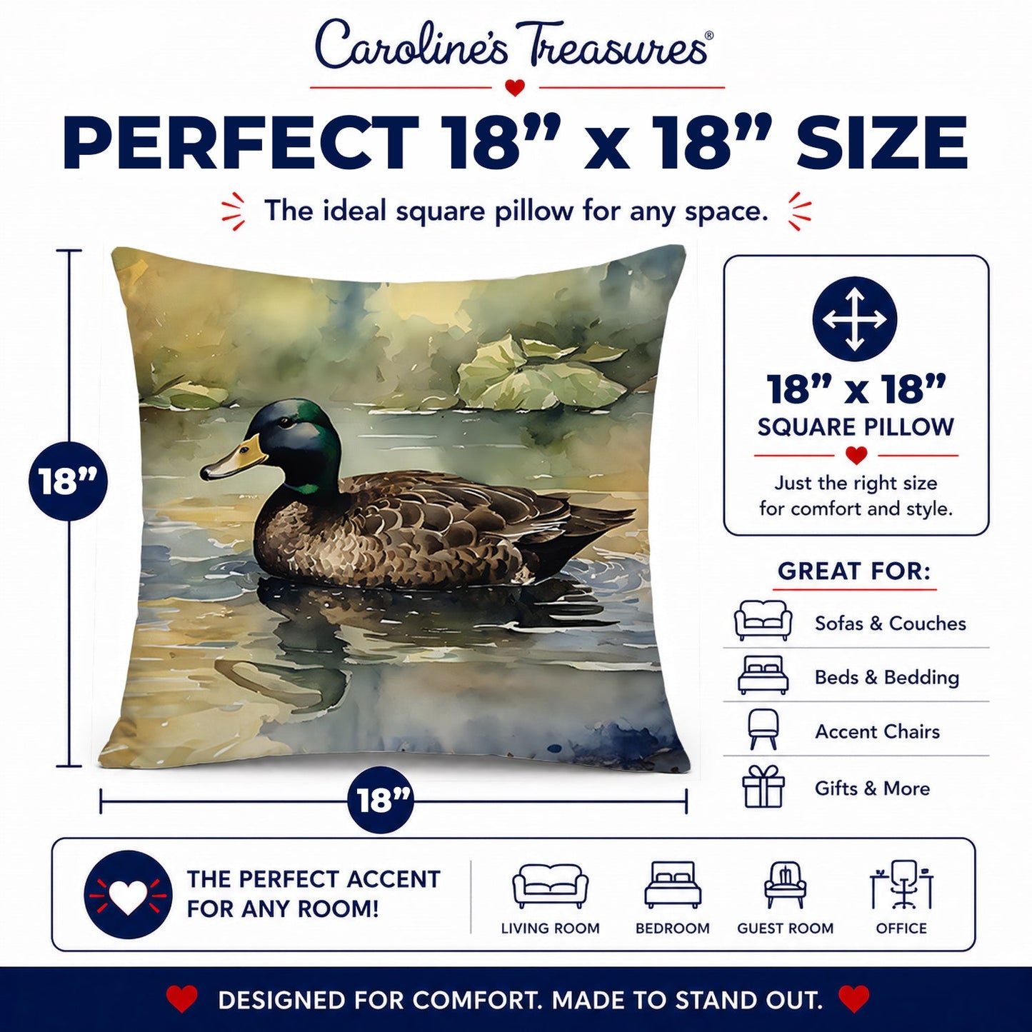 Mallard Duck Swimming Lake Decorative Throw Pillow 18x18 Indoor Outdoor Accent Cushion, Fabric Cover with Insert for Sofa, Bed, Porch & Living Room