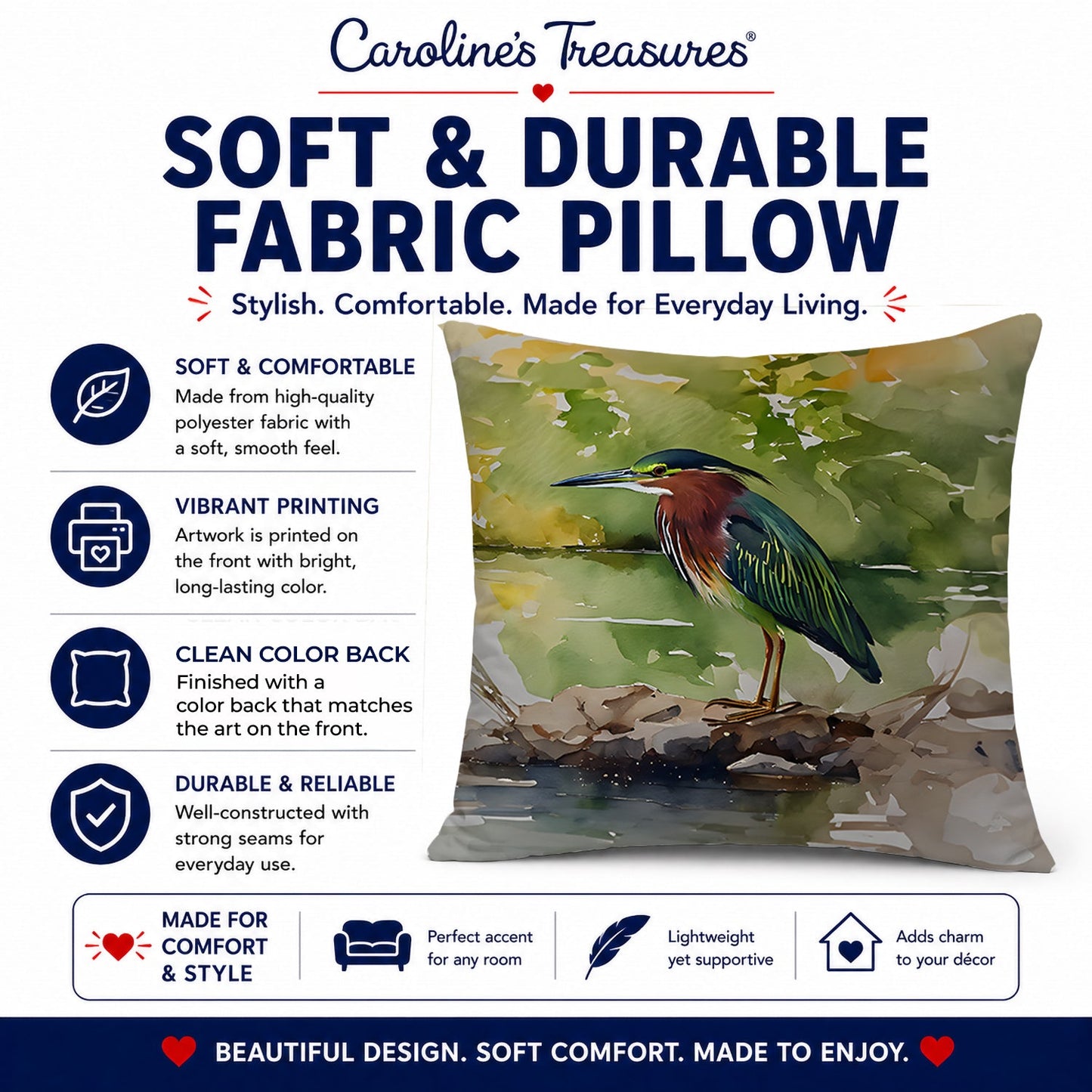 Green Heron by Water Edge Decorative Throw Pillow 14x14 Indoor Outdoor Accent Cushion, Fabric Cover with Insert for Sofa, Bed, Porch & Living Room