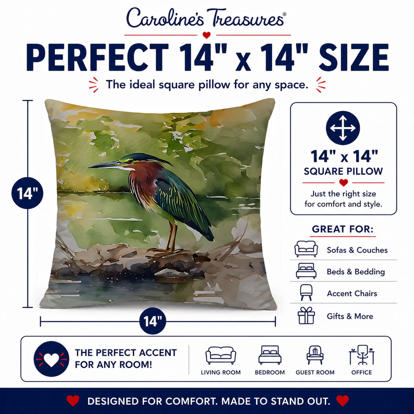 Green Heron by Water Edge Decorative Throw Pillow 14x14 Indoor Outdoor Accent Cushion, Fabric Cover with Insert for Sofa, Bed, Porch & Living Room