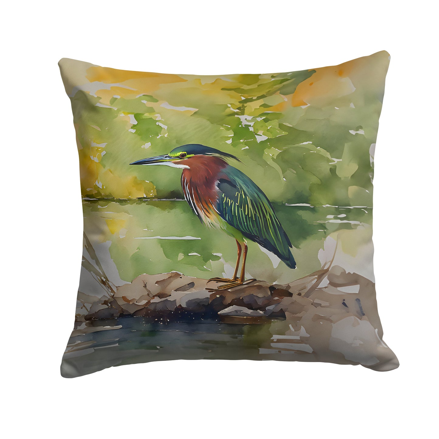 Green Heron by Water Edge Decorative Throw Pillow 14x14 Indoor Outdoor Accent Cushion, Fabric Cover with Insert for Sofa, Bed, Porch & Living Room
