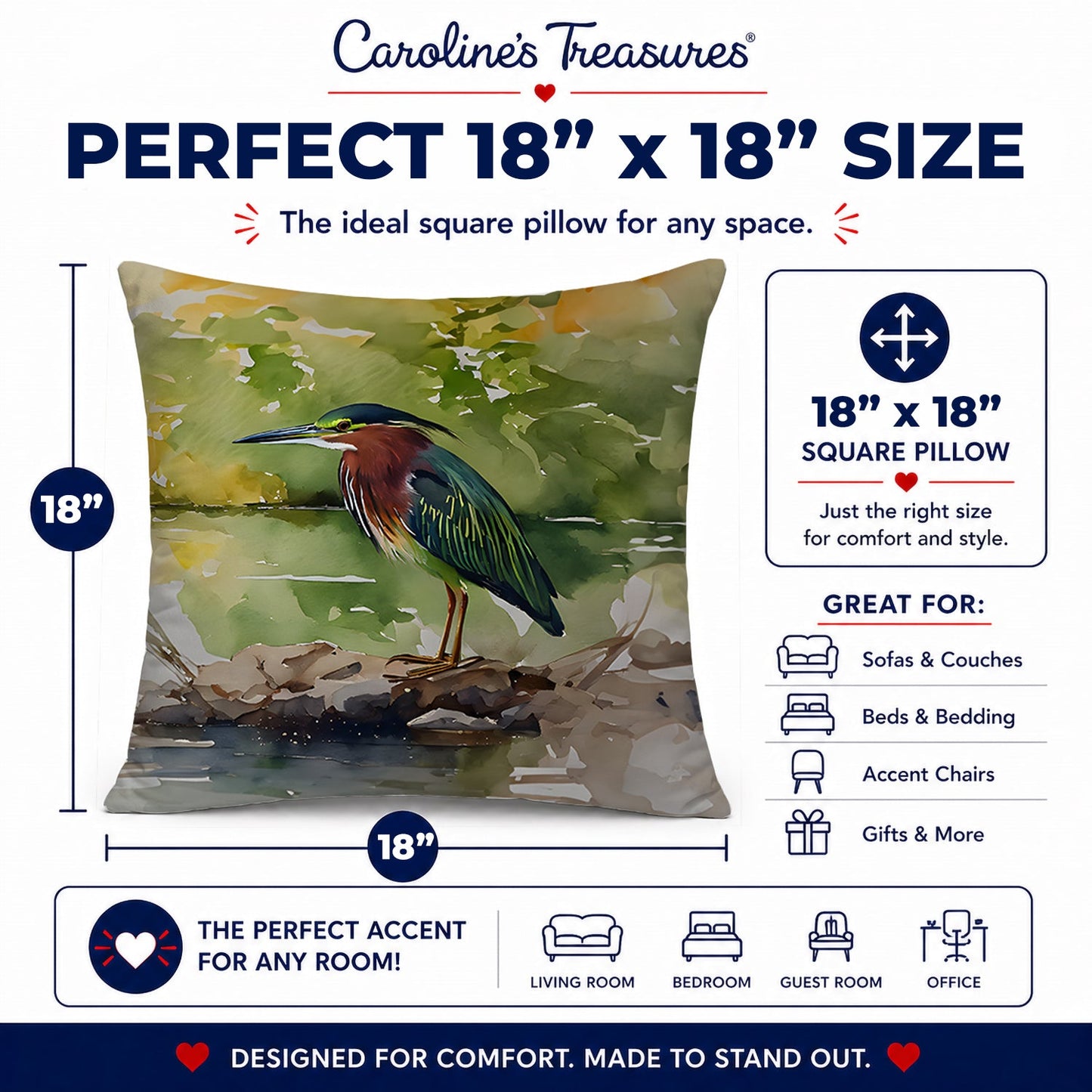 Green Heron by Water Edge Decorative Throw Pillow 18x18 Indoor Outdoor Accent Cushion, Fabric Cover with Insert for Sofa, Bed, Porch & Living Room