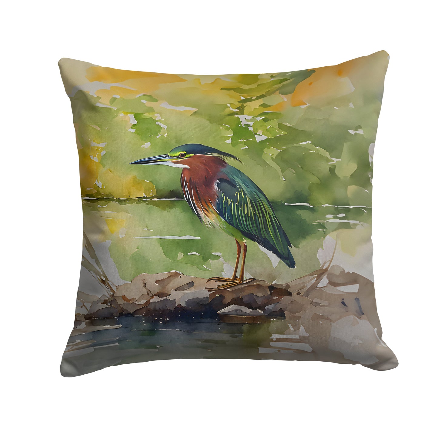 Green Heron by Water Edge Decorative Throw Pillow 18x18 Indoor Outdoor Accent Cushion, Fabric Cover with Insert for Sofa, Bed, Porch & Living Room