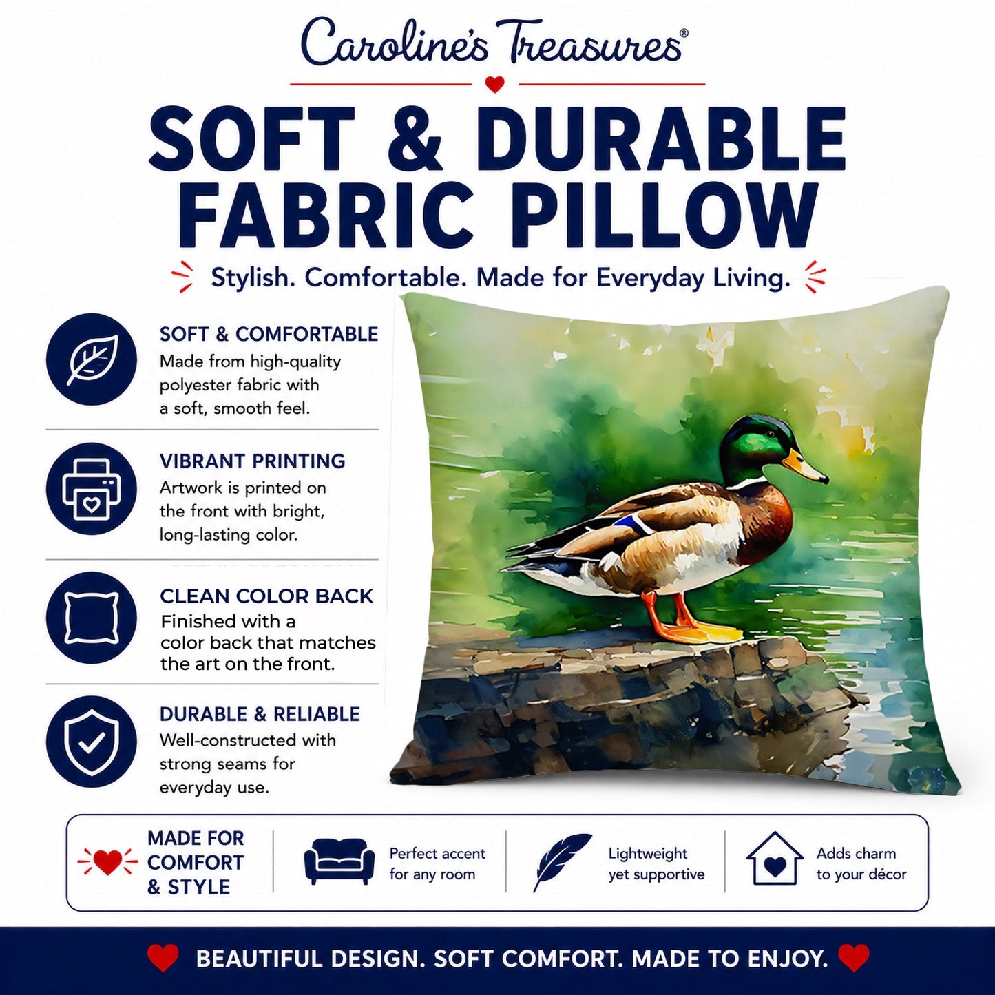 Mallard Duck Standing Pond Edge Decorative Throw Pillow 14x14 Indoor Outdoor Accent Cushion, Fabric Cover with Insert for Sofa, Bed, Porch & Living Room