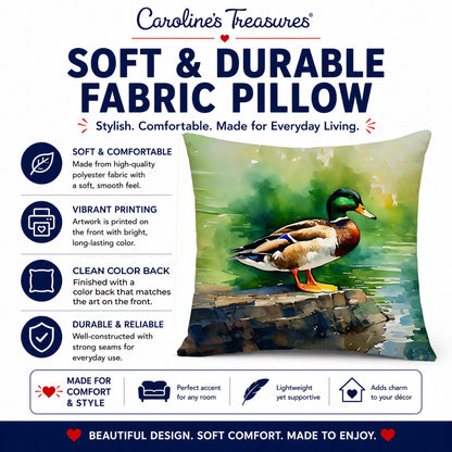 Mallard Duck Standing Pond Edge Decorative Throw Pillow 14x14 Indoor Outdoor Accent Cushion, Fabric Cover with Insert for Sofa, Bed, Porch & Living Room