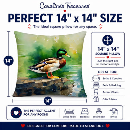 Mallard Duck Standing Pond Edge Decorative Throw Pillow 14x14 Indoor Outdoor Accent Cushion, Fabric Cover with Insert for Sofa, Bed, Porch & Living Room