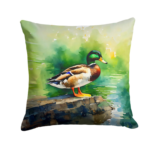 Mallard Duck Standing Pond Edge Decorative Throw Pillow 14x14 Indoor Outdoor Accent Cushion, Fabric Cover with Insert for Sofa, Bed, Porch & Living Room