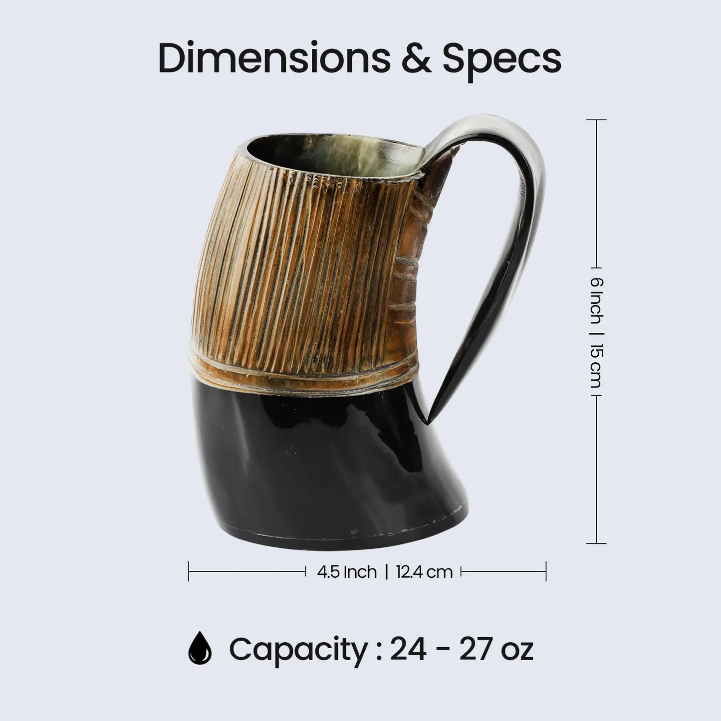 Horn Mug Striped Pattern Natural Ox Horn Drinking Cup Holds Up to 24-27 oz