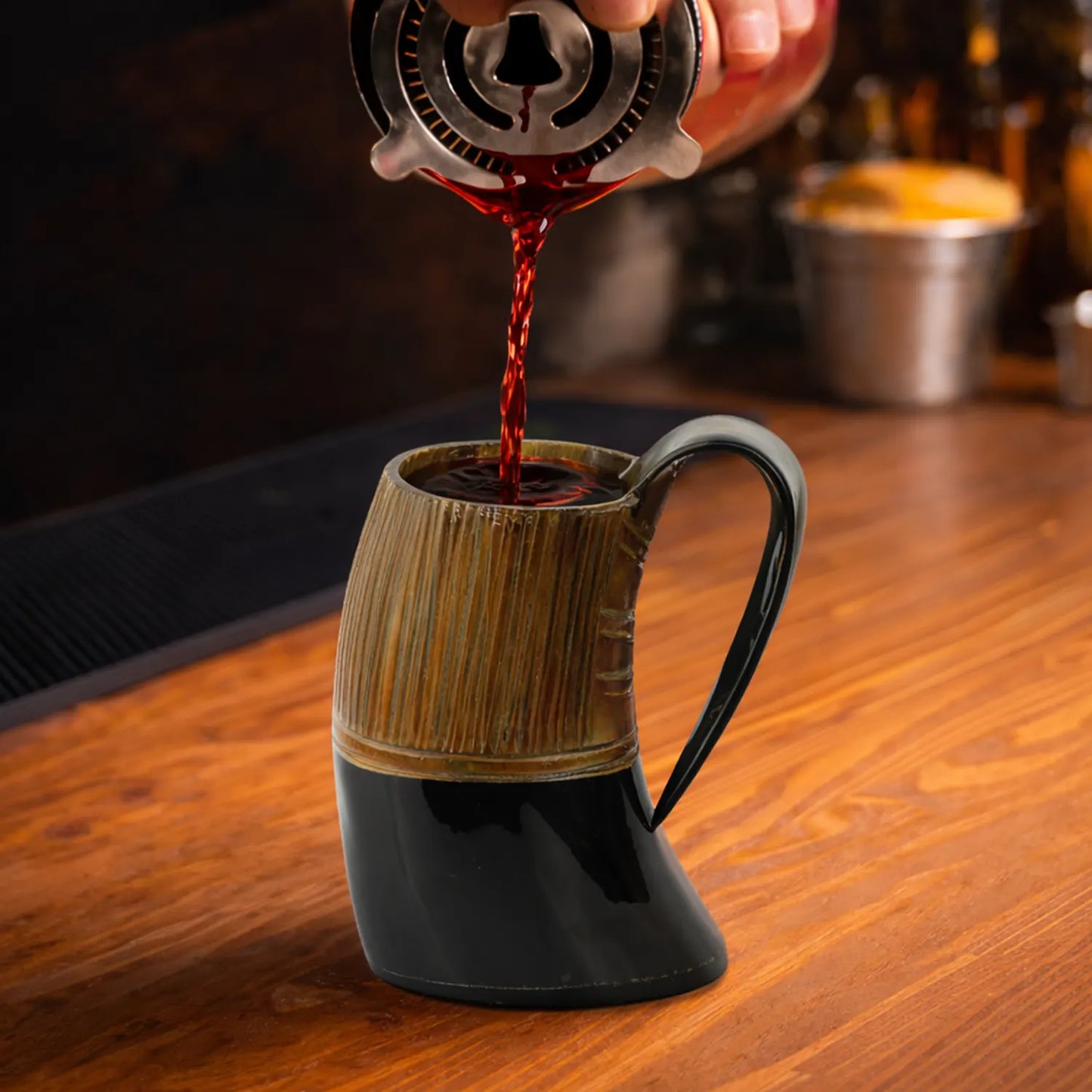 Horn Mug Striped Pattern Natural Ox Horn Drinking Cup Holds Up to 24-27 oz