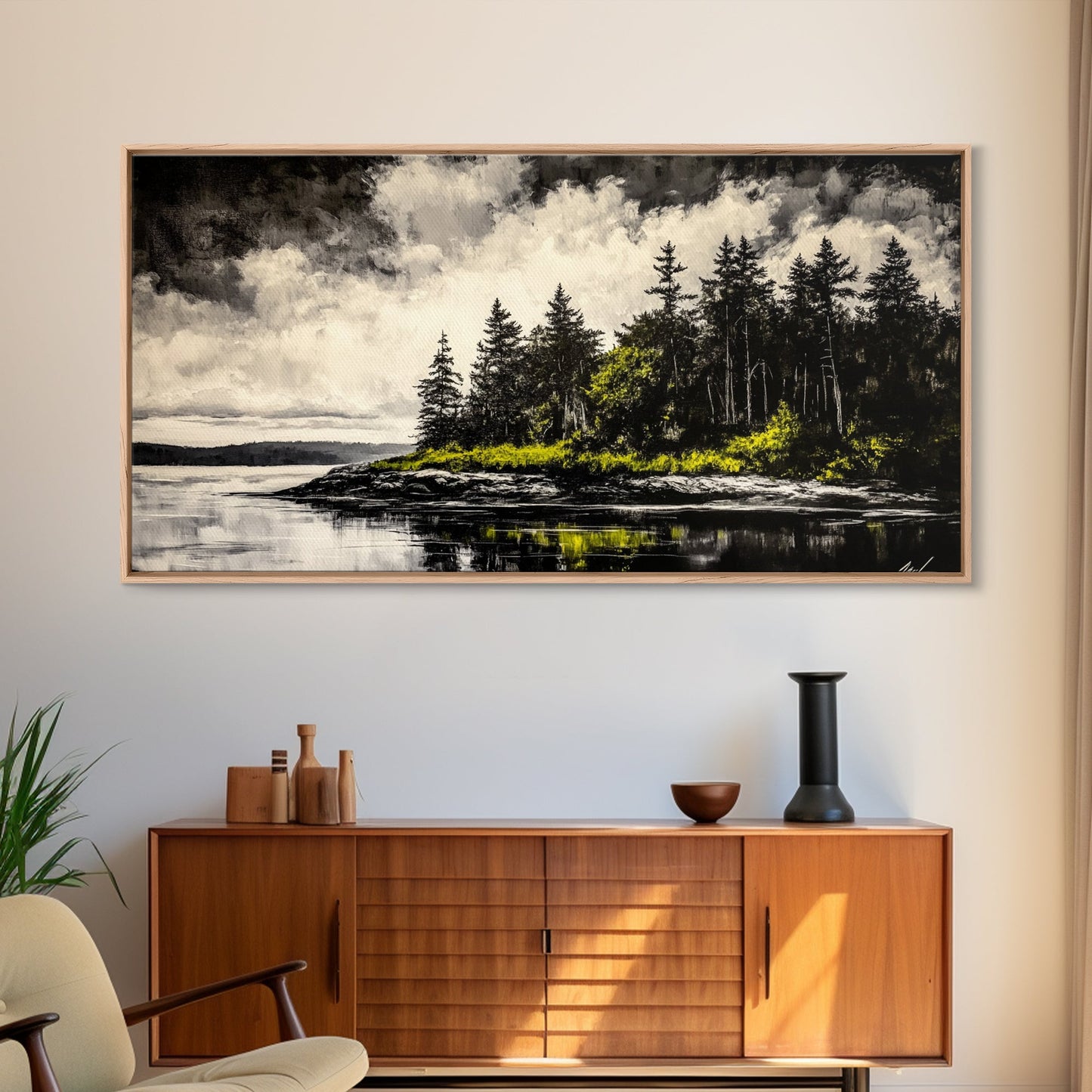 Island Escape, Black and White Landscape, Coastal Home Decor, Framed Canvas Print, Nature Wall Art, Cabin Living Art