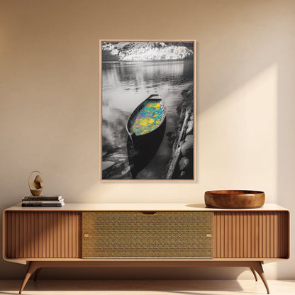 Rowboat Map Interior, Lake Reflections, Artistic Travel Theme, Canvas Print, Cabin Wall Art, Unique Lake House Decor, Explorer Style