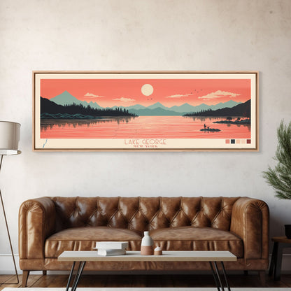 Lake George New York Framed Canvas Print, Panoramic Art, Midcentury Modern, Pop Art, Living Room Wall Art, Travel Poster, Lake House Decor