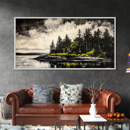 Island Escape, Black and White Landscape, Coastal Home Decor, Framed Canvas Print, Nature Wall Art, Cabin Living Art