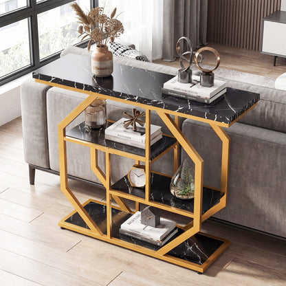 Modern Sofa Table Behind Couch 4-Tier Console Table with Faux Marble Tabletop-Black