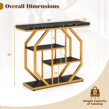 Modern Sofa Table Behind Couch 4-Tier Console Table with Faux Marble Tabletop-Black