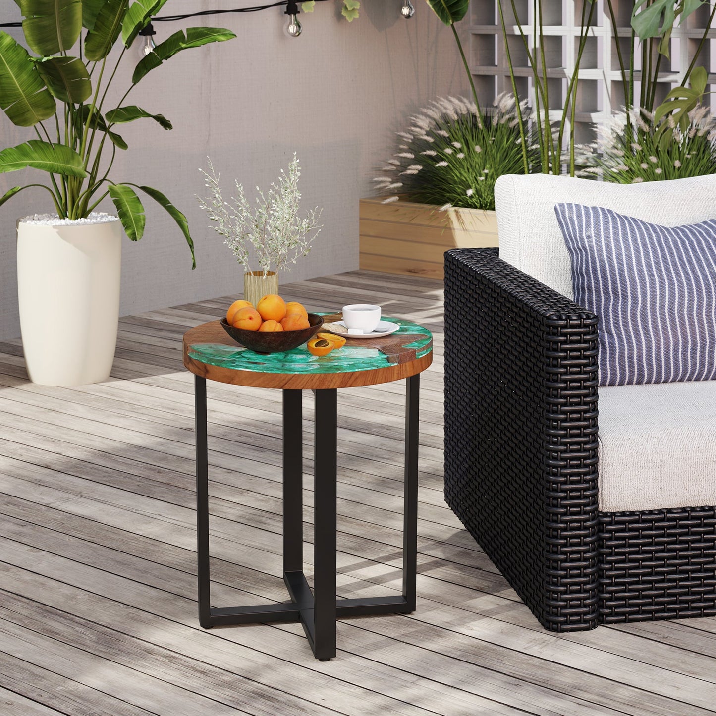 Solid Live Edge Round Teak Wood Outdoor End Table with Epoxy Resin Tabletop