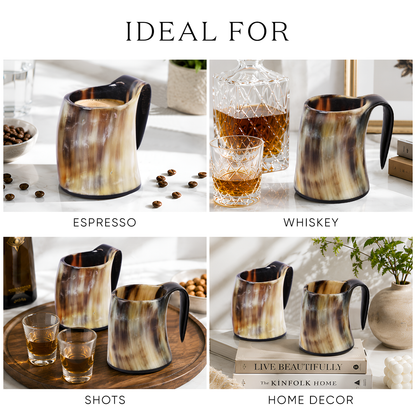 Buffalo Horn Whiskey Shot Glasses Mug Set of 2, Holds 4–5 oz