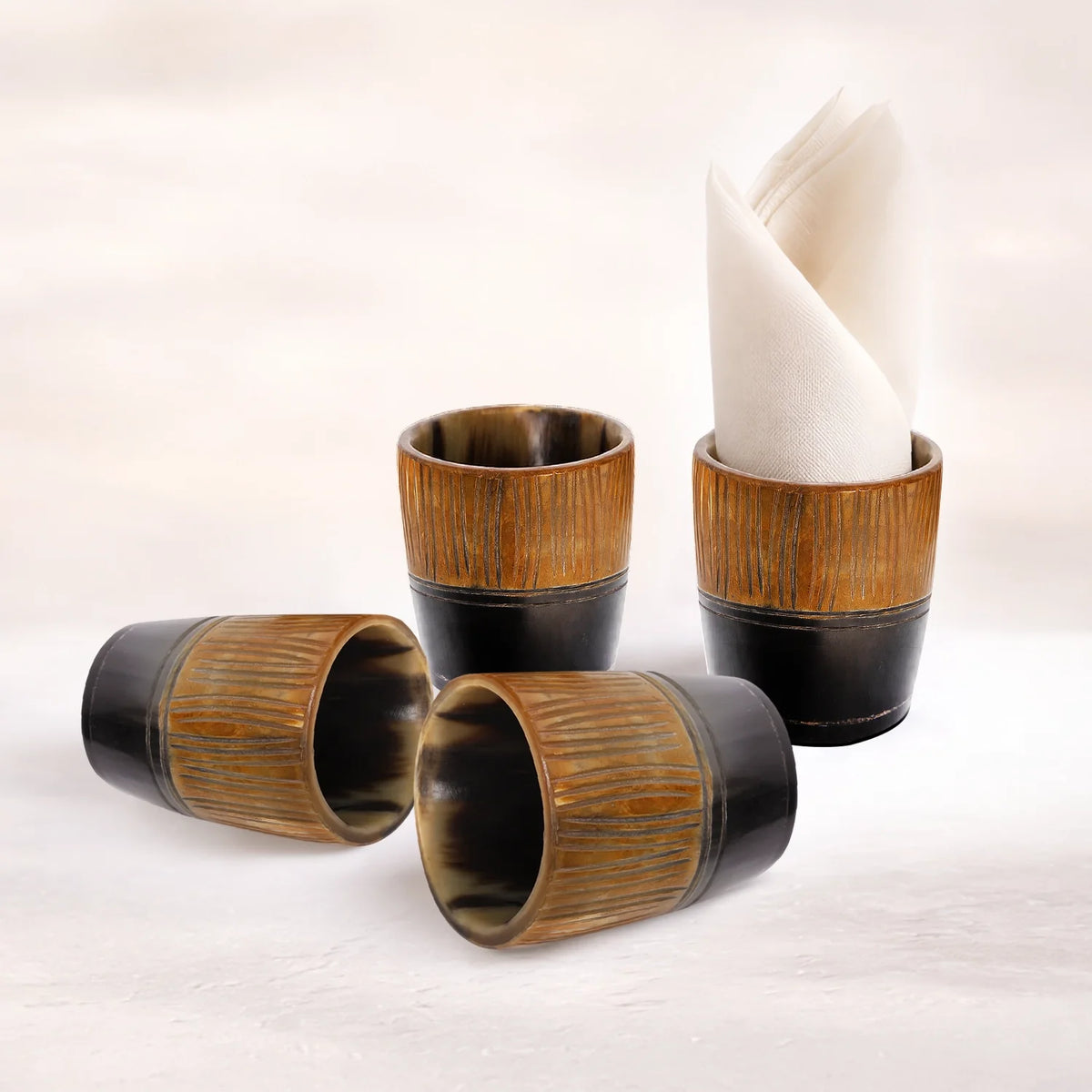 Whiskey Shot Cups Set Strips Pattern Real Ox Horn 6.5 oz, Pack 4, 8 & 12