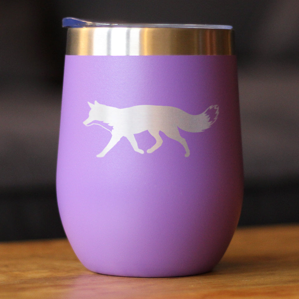 Fox Silhouette - Wine Tumbler with Sliding Lid - Stemless Stainless Steel Insulated Cup - Cute Cabin Themed Gifts or Rustic Decor