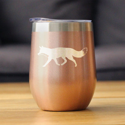 Fox Silhouette - Wine Tumbler with Sliding Lid - Stemless Stainless Steel Insulated Cup - Cute Cabin Themed Gifts or Rustic Decor