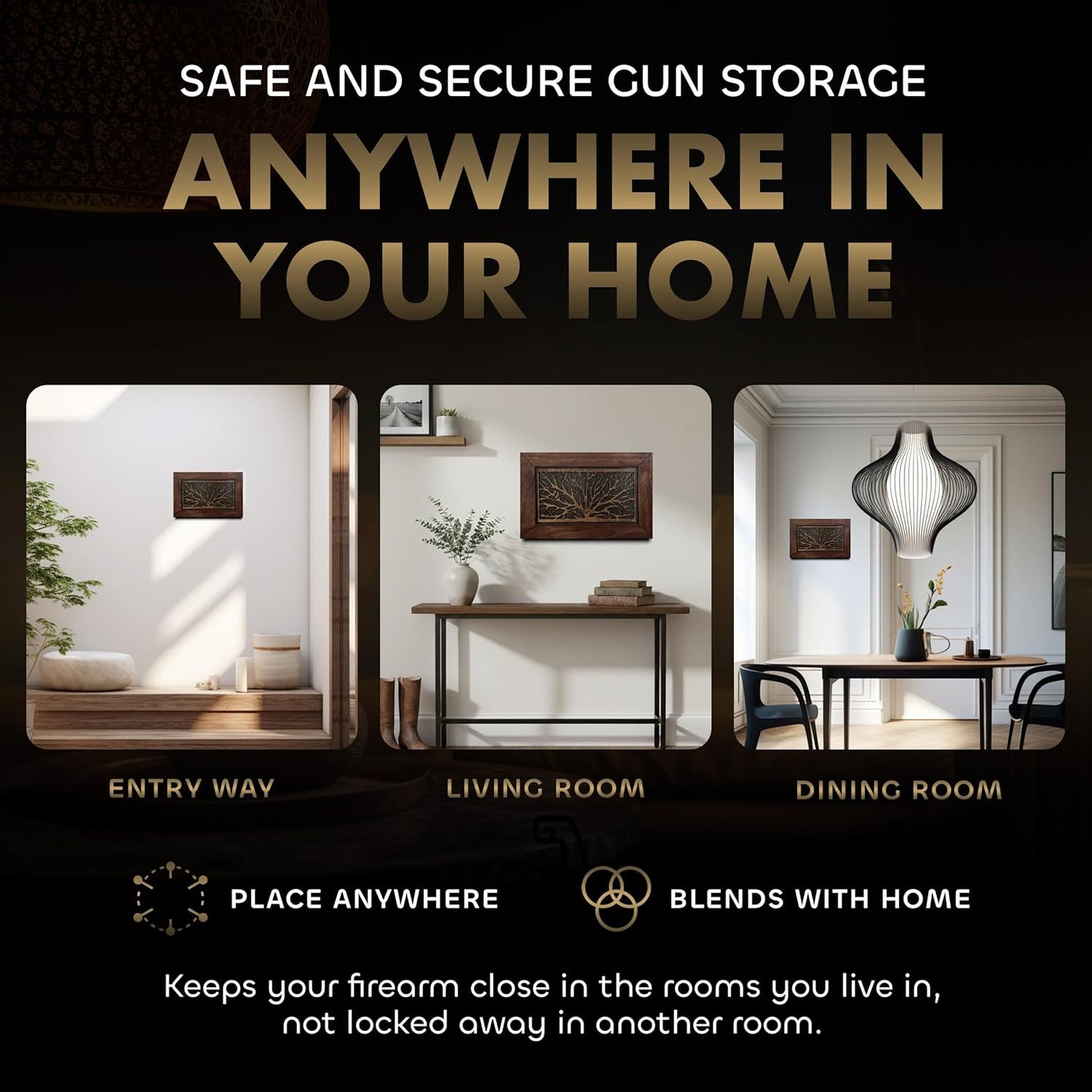 Gun Concealment Furniture - Hidden Gun Safe with Birds in a Tree Design - Fits 2 Handguns & Magazines - Wall Mounted Gun Storage with Magnetic Lock - Made in USA