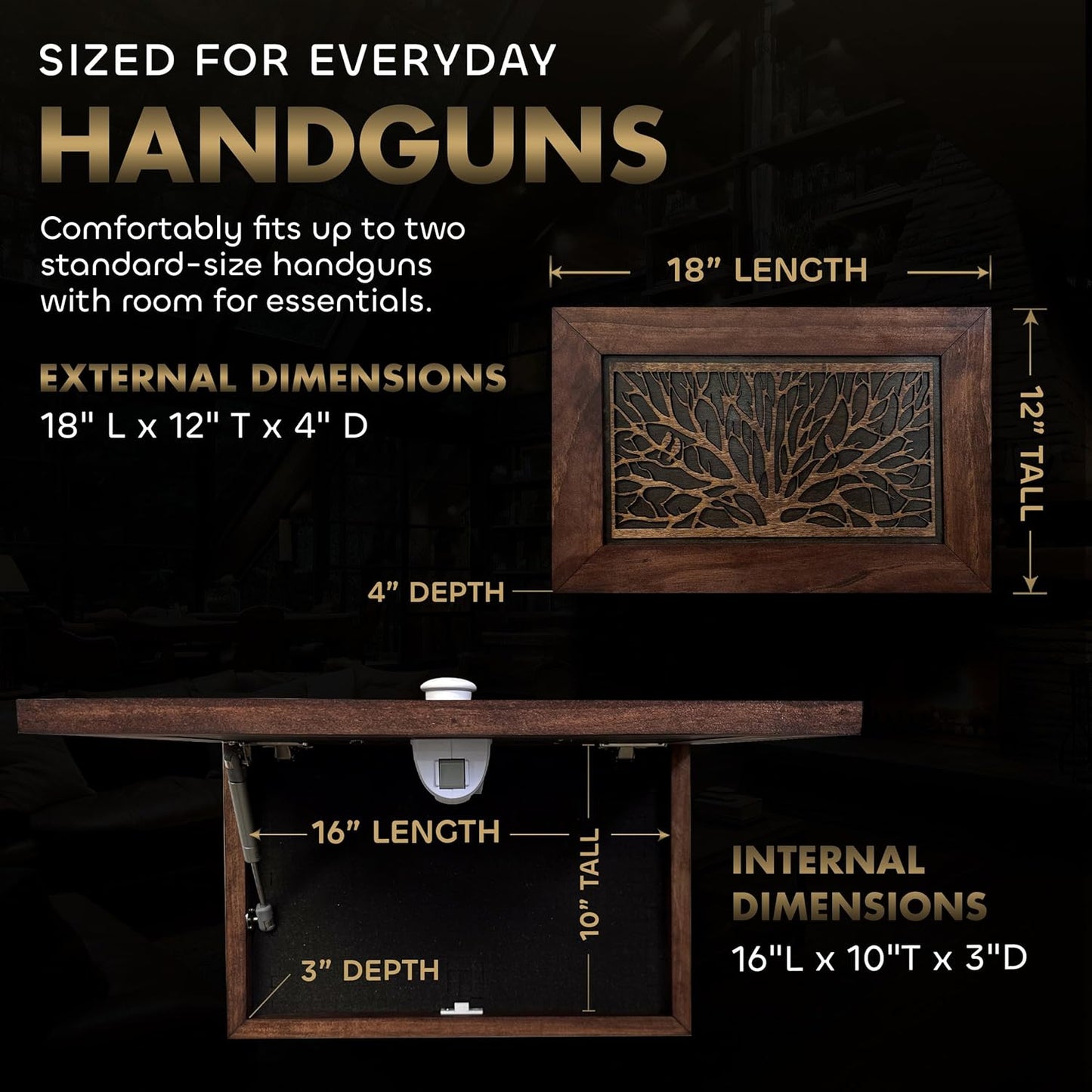 Gun Concealment Furniture - Hidden Gun Safe with Birds in a Tree Design - Fits 2 Handguns & Magazines - Wall Mounted Gun Storage with Magnetic Lock - Made in USA