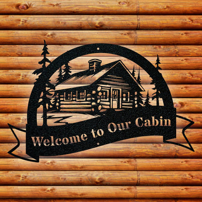 Great Outdoors Halfmoon Banner Cabin Personalized Metal Sign