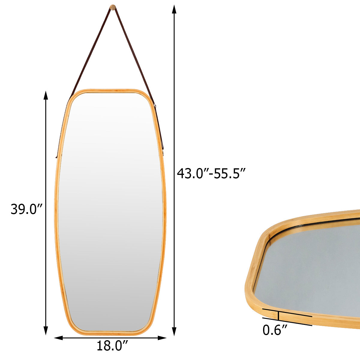 Modern Wall Mirror with Bamboo Frame and Adjustable Leather Strap